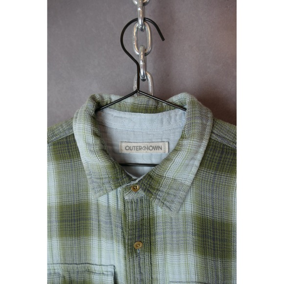 OUTERKNOWN Blanket Shirt Mens Plaid Long Sleeve Button Up Green Blue Size L - Picture 5 of 12